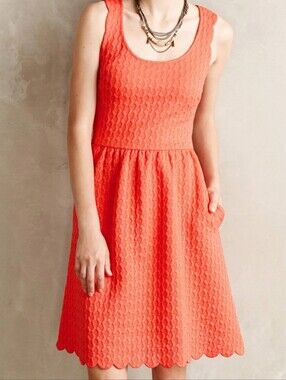 Anthropologie Maeve Caye Coral Scalloped Fit Flare Dress Open Back Pockets M